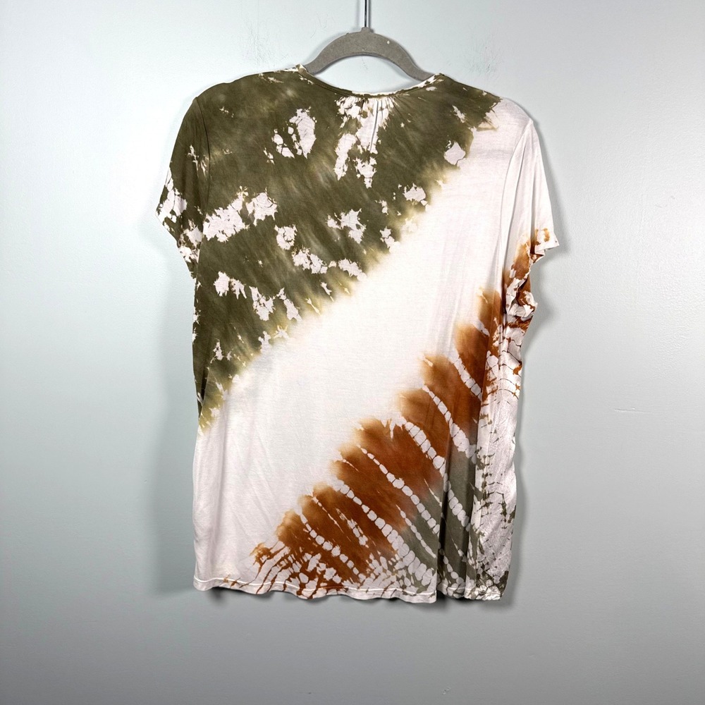 XCVI Womens Tie Dye V-Neck Top Olive Green Rust White Viscose Rayon Medium 13329